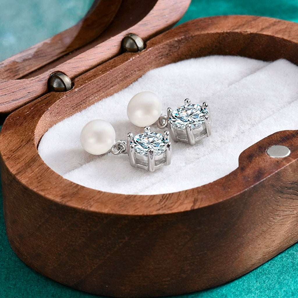 Pearl Round Moissanite Stud Dangle Earrings in Gold-Plated S925 sterling silver product scene view showing pair comparison