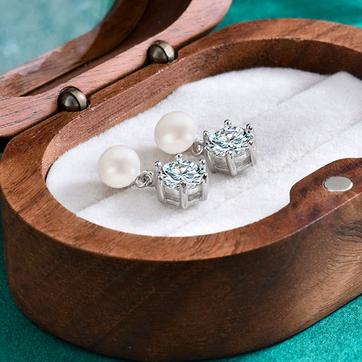 Pearl Round Moissanite Stud Dangle Earrings in Gold-Plated S925 sterling silver product scene view showing pair comparison