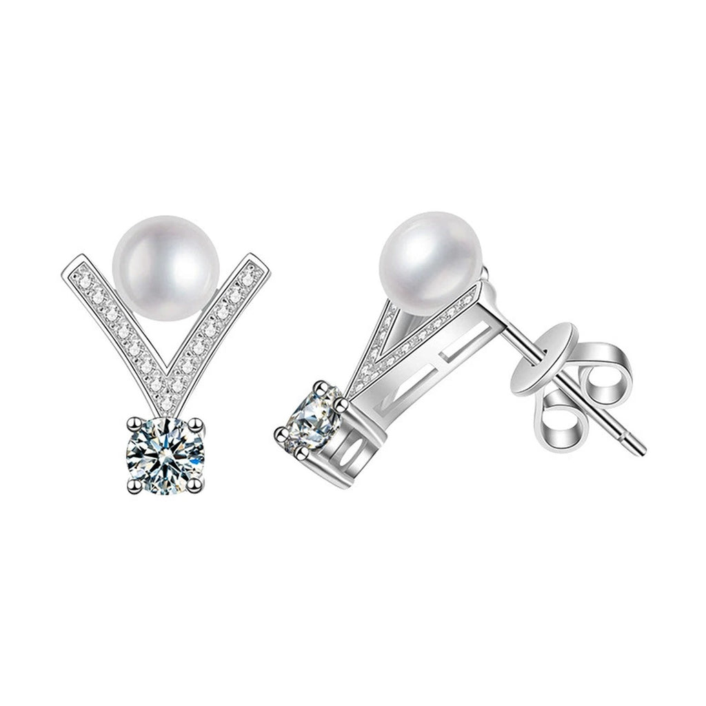 V-Frame Pearl Round Moissanite Stud Drop Earrings with CZ in Gold-Plated S925 sterling silver product scene view showing front sparkle