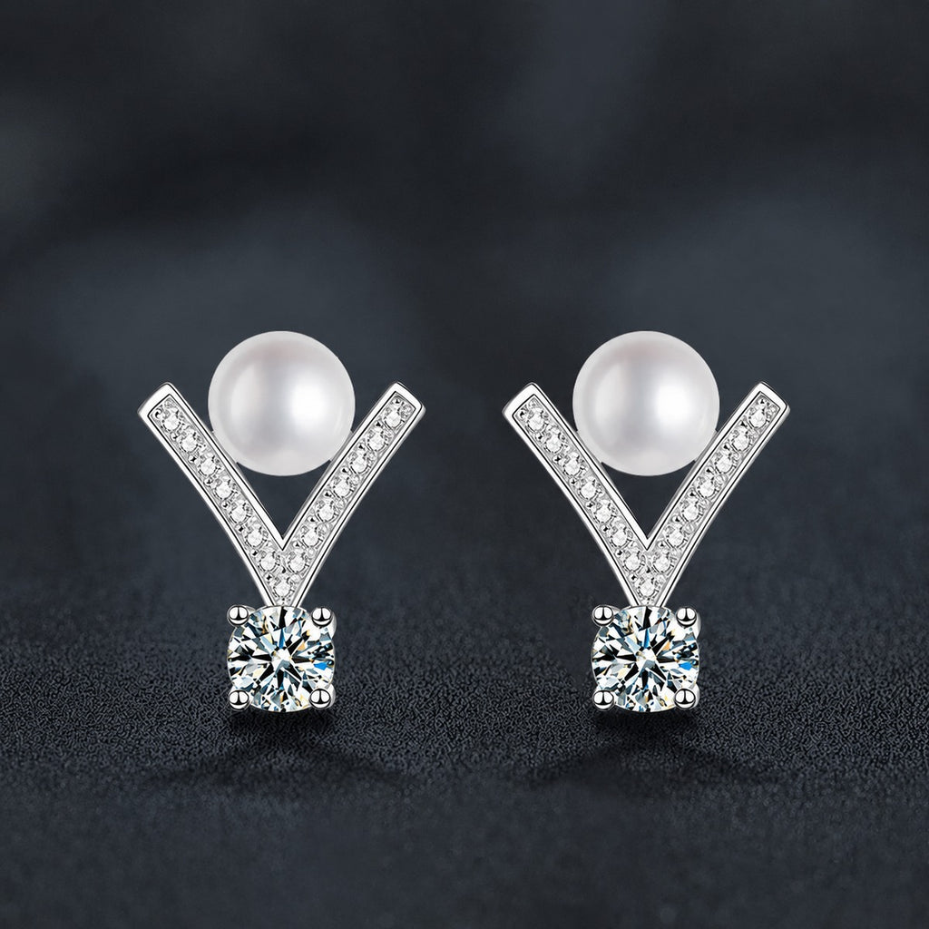 V-Frame Pearl Round Moissanite Stud Drop Earrings with CZ in Gold-Plated S925 sterling silver product scene view showing angled setting detail