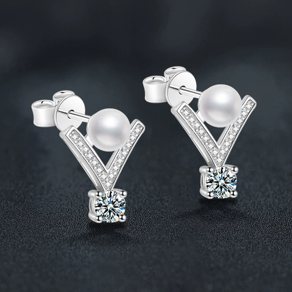 V-Frame Pearl Round Moissanite Stud Drop Earrings with CZ in Gold-Plated S925 sterling silver product scene view showing side profile