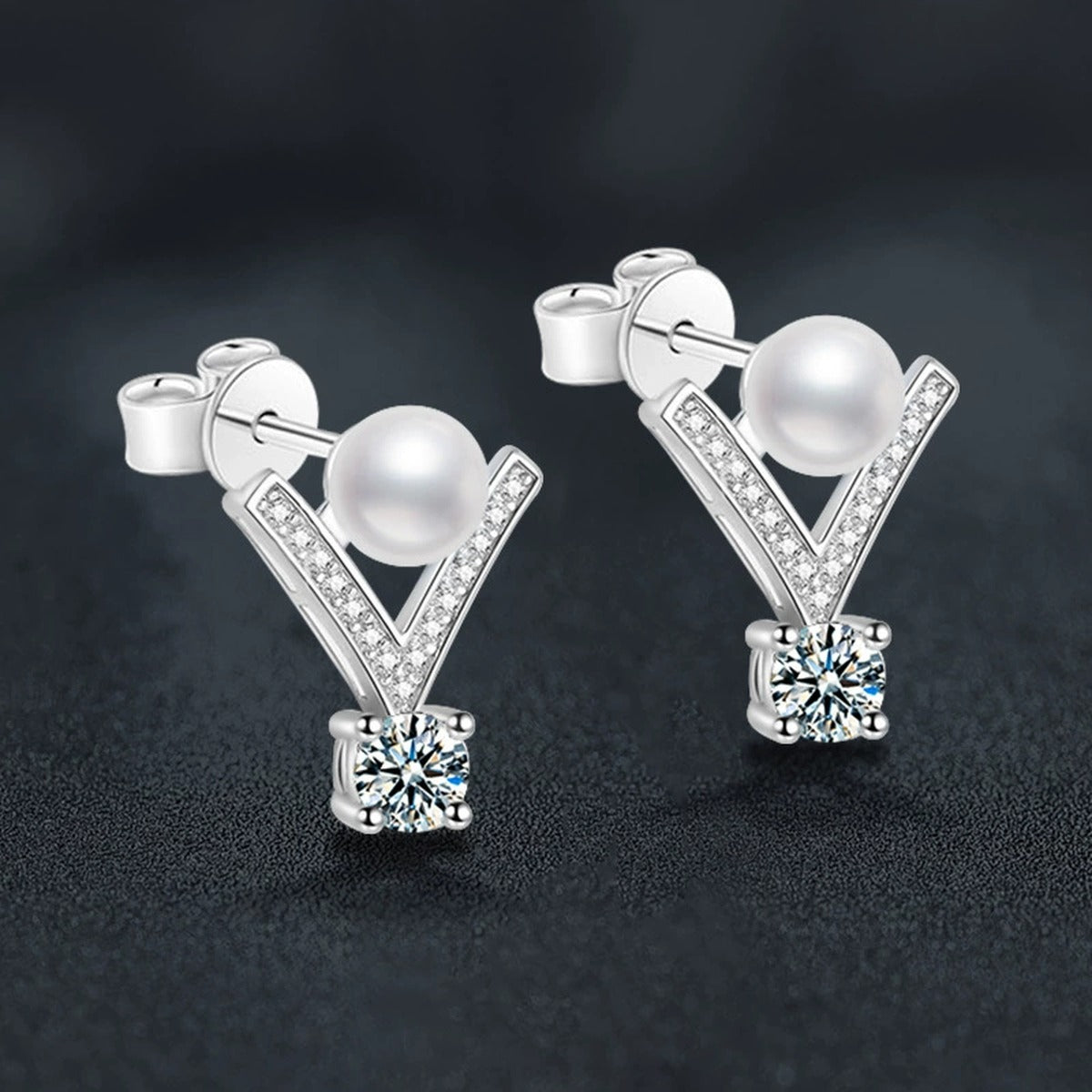 V-Frame Pearl Round Moissanite Stud Drop Earrings with CZ in Gold-Plated S925 sterling silver product scene view showing side profile
