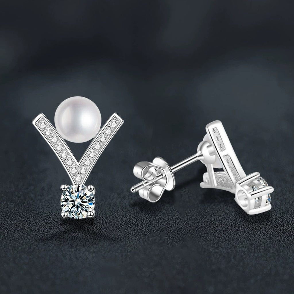 V-Frame Pearl Round Moissanite Stud Drop Earrings with CZ in Gold-Plated S925 sterling silver product scene view showing pair comparison