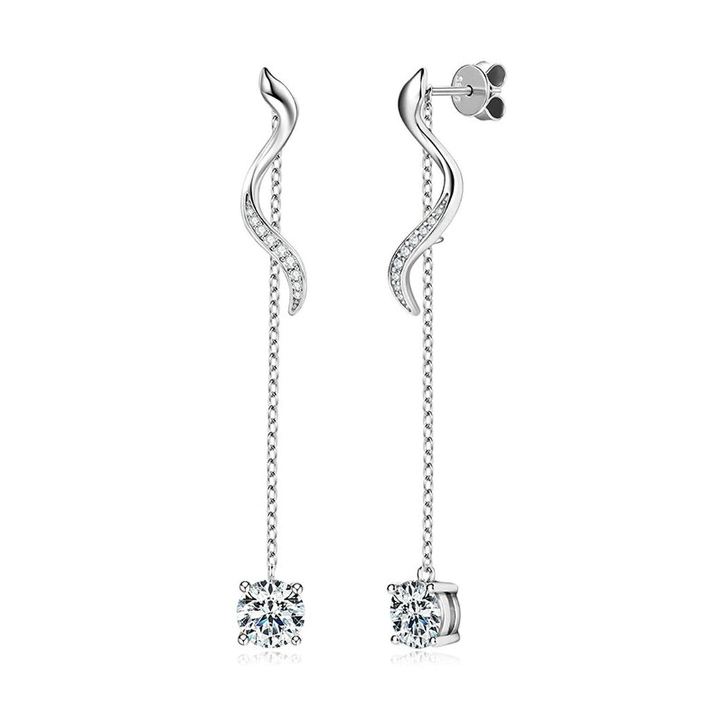Wave Tassel Round Moissanite Stud Dangle Earrings with CZ in Gold-Plated S925 sterling silver product scene view showing front sparkle