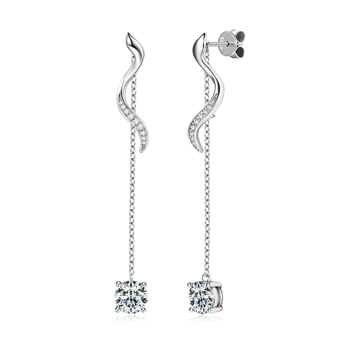 Wave Tassel Round Moissanite Stud Dangle Earrings with CZ in Gold-Plated S925 sterling silver product scene view showing front sparkle