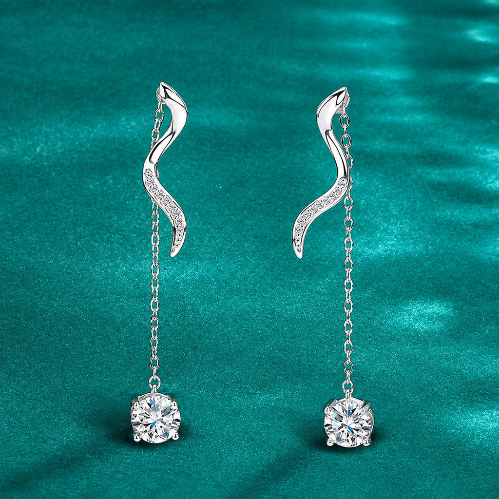 Wave Tassel Round Moissanite Stud Dangle Earrings with CZ in Gold-Plated S925 sterling silver product scene view showing angled setting detail