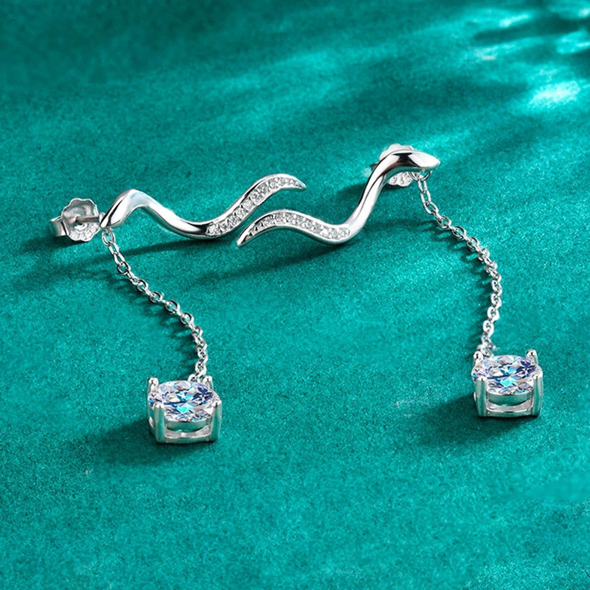 Wave Tassel Round Moissanite Stud Dangle Earrings with CZ in Gold-Plated S925 sterling silver product scene view showing side profile
