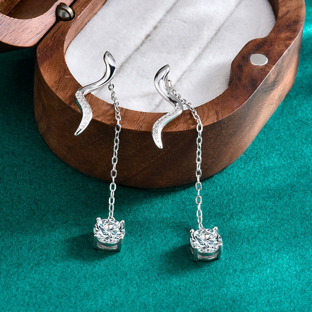 Wave Tassel Round Moissanite Stud Dangle Earrings with CZ in Gold-Plated S925 sterling silver product scene view showing pair comparison