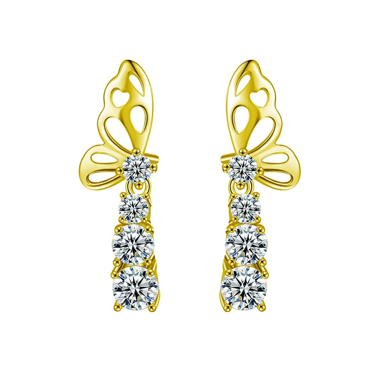 Butterfly Graduated Round Moissanite Stud Dangle Earrings in Gold-Plated S925 sterling silver white background product photo showing the pair, stone shape, and stud dangle earrings silhouette