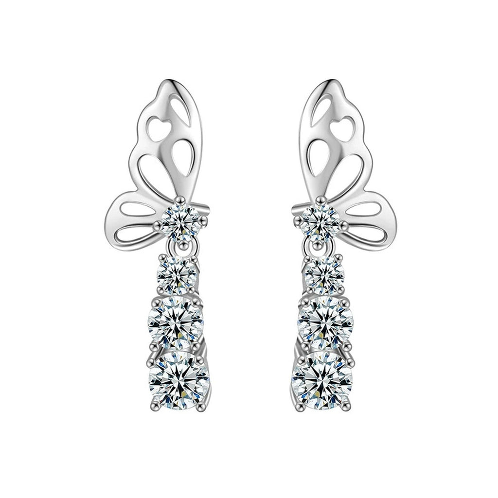Butterfly Graduated Round Moissanite Stud Dangle Earrings in Gold-Plated S925 sterling silver product scene view showing front sparkle
