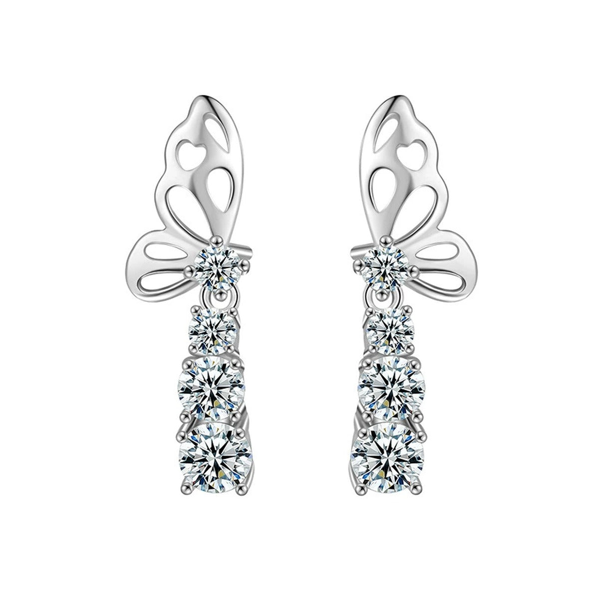 Butterfly Graduated Round Moissanite Stud Dangle Earrings in Gold-Plated S925 sterling silver product scene view showing front sparkle