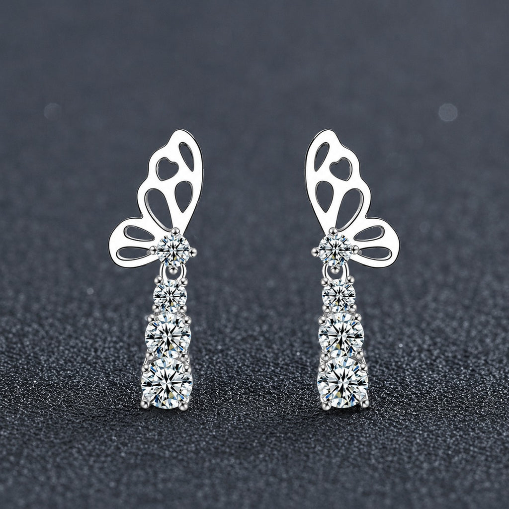 Butterfly Graduated Round Moissanite Stud Dangle Earrings in Gold-Plated S925 sterling silver product scene view showing angled setting detail