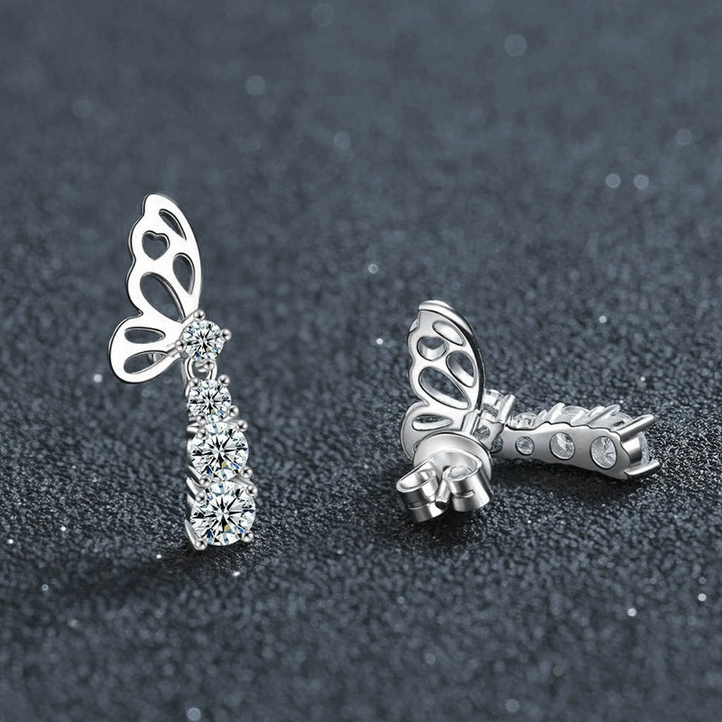 Butterfly Graduated Round Moissanite Stud Dangle Earrings in Gold-Plated S925 sterling silver product scene view showing pair comparison