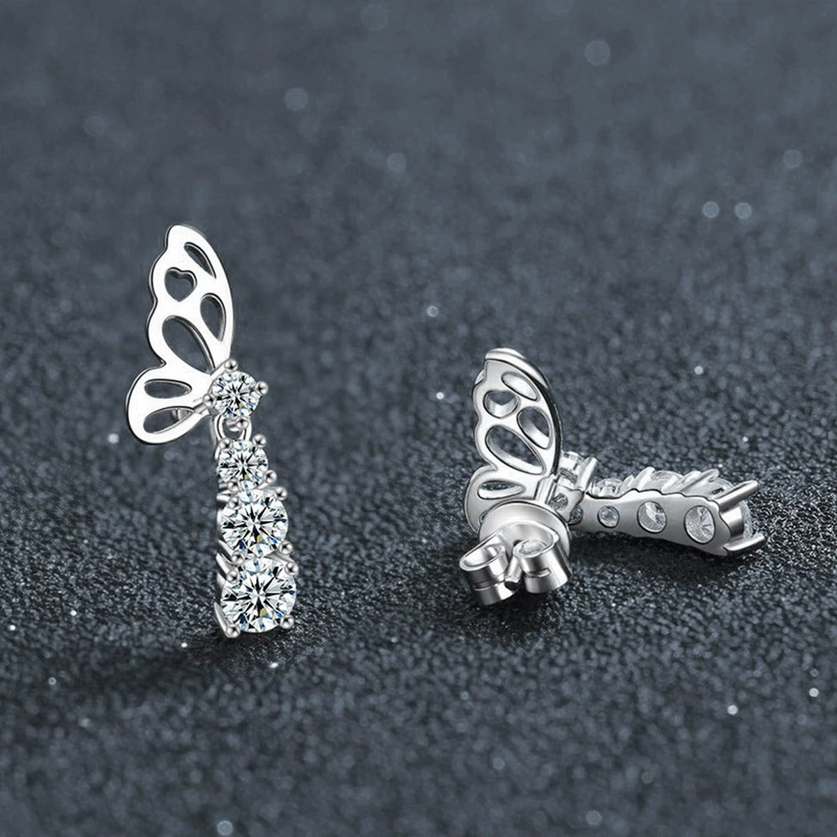 Butterfly Graduated Round Moissanite Stud Dangle Earrings in Gold-Plated S925 sterling silver product scene view showing pair comparison