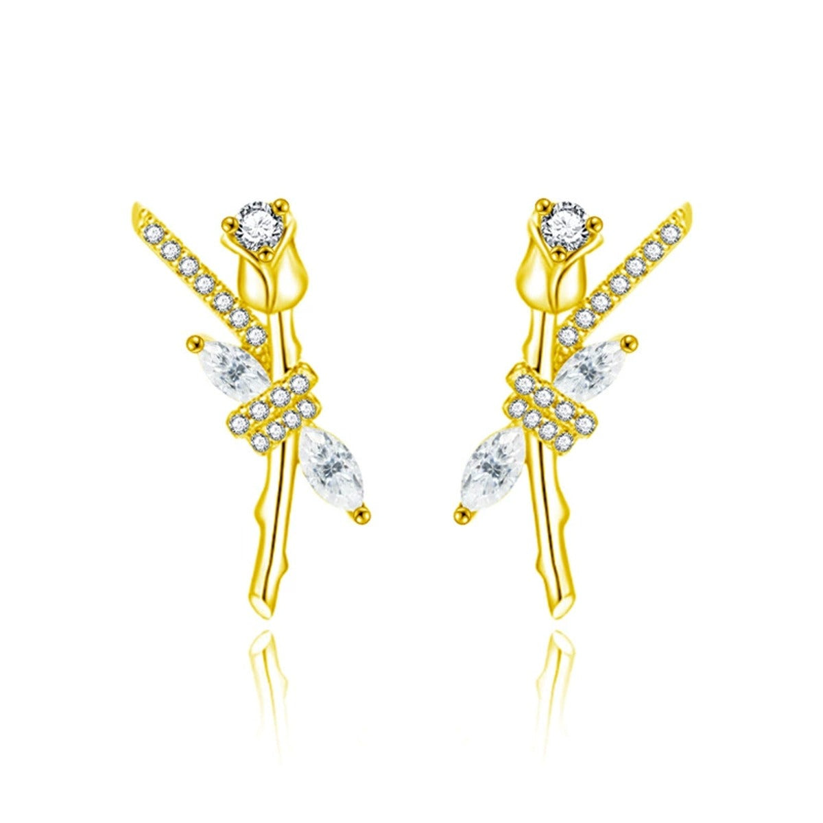 Rose Marquise Moissanite Stud Earrings with CZ in Gold-Plated S925 sterling silver white background product photo showing the pair, stone shape, and stud earrings silhouette
