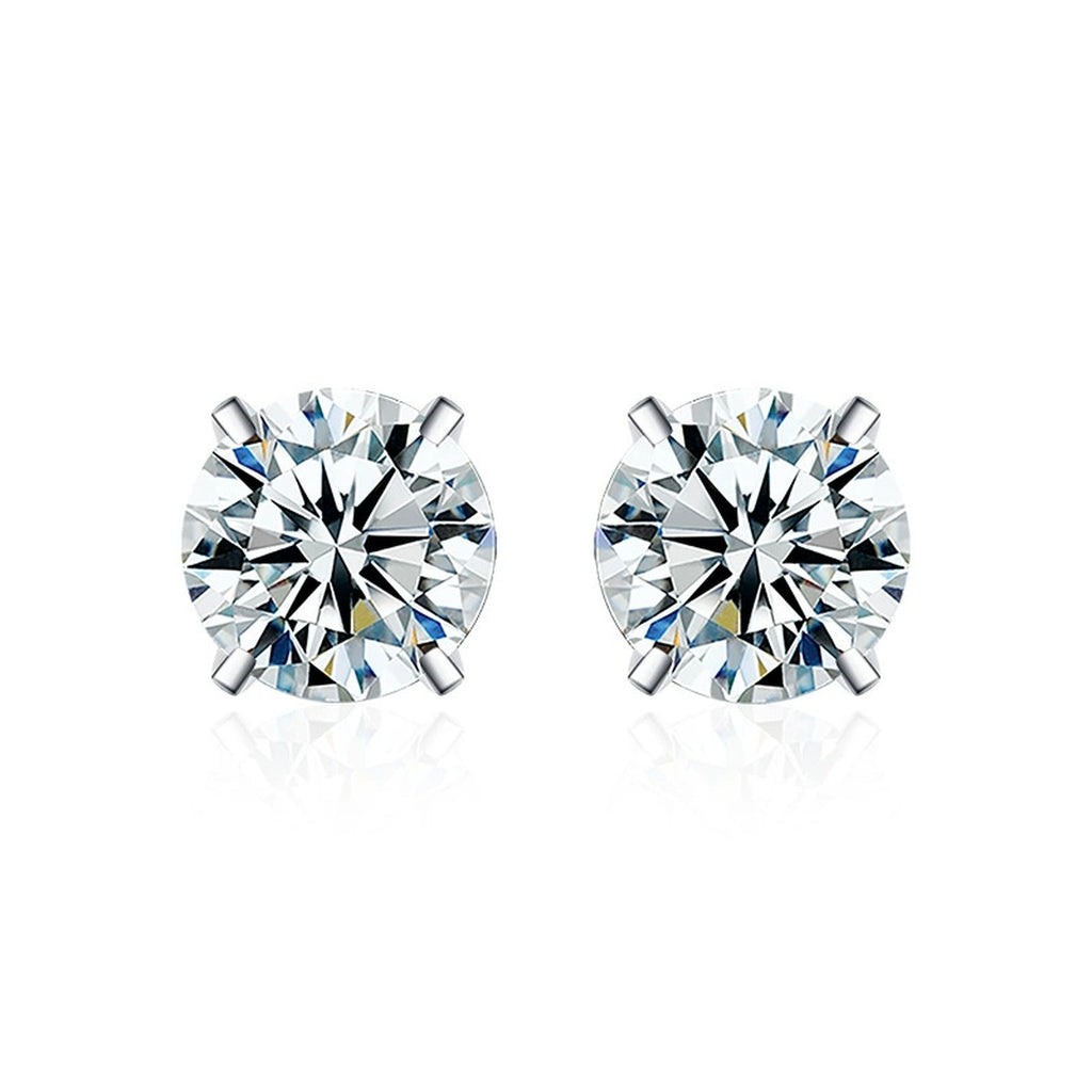Four-Prong Round Moissanite and Mystic Stone Stud Earrings in S925 sterling silver white background product photo showing the pair, stone shape, and stud earrings silhouette