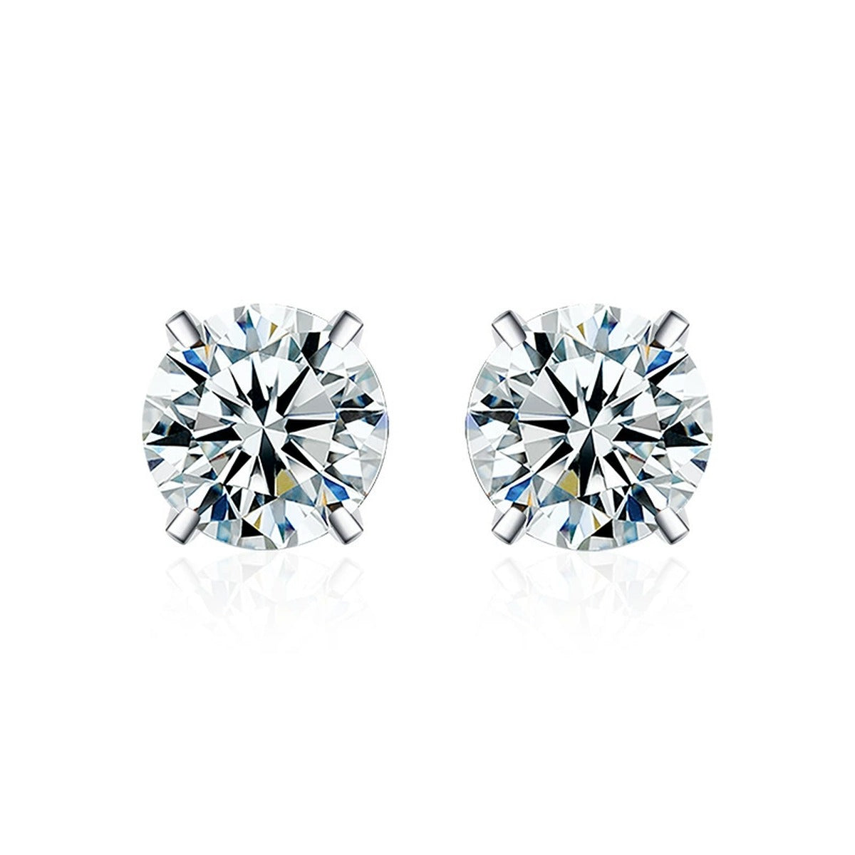 Four-Prong Round Moissanite and Mystic Stone Stud Earrings in S925 sterling silver white background product photo showing the pair, stone shape, and stud earrings silhouette