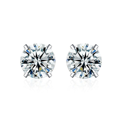 Four-Prong Round Moissanite and Mystic Stone Stud Earrings in S925 sterling silver white background product photo showing the pair, stone shape, and stud earrings silhouette