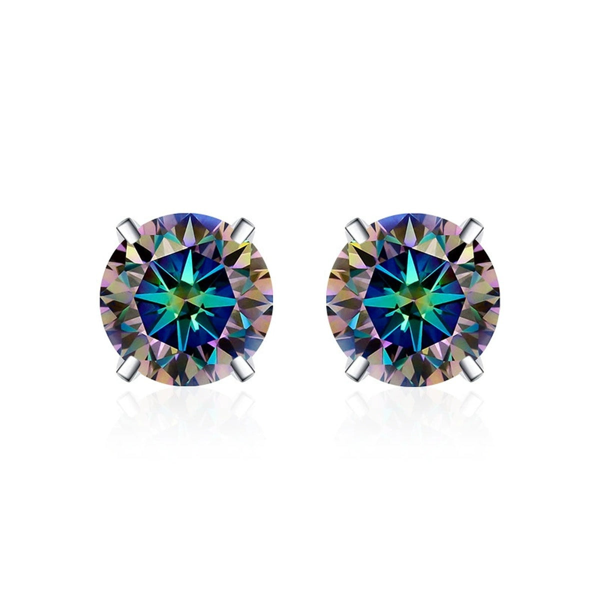 Four-Prong Round Moissanite and Mystic Stone Stud Earrings in S925 sterling silver product scene view showing angled setting detail