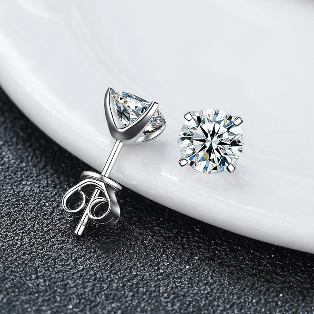 Four-Prong Round Moissanite and Mystic Stone Stud Earrings in S925 sterling silver product scene view showing pair comparison