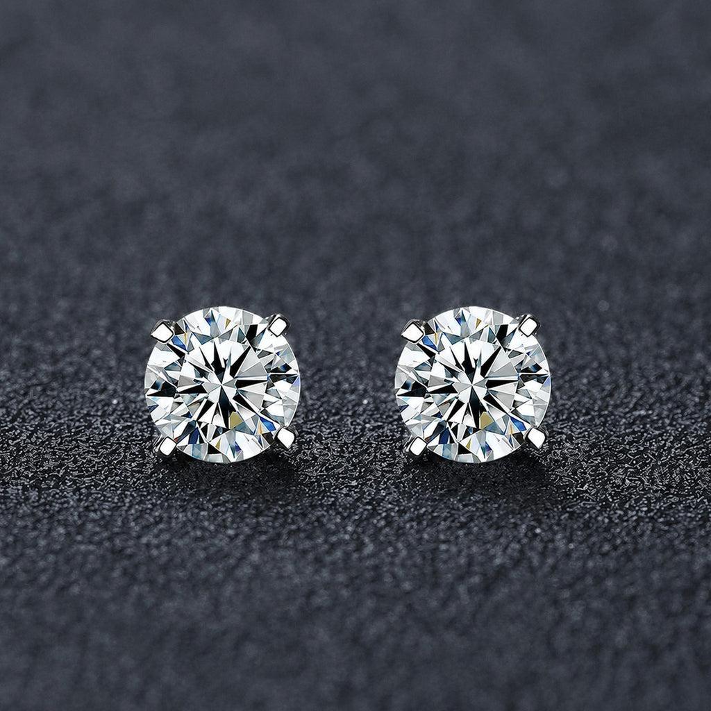 Four-Prong Round Moissanite and Mystic Stone Stud Earrings in S925 sterling silver product scene view showing pair comparison