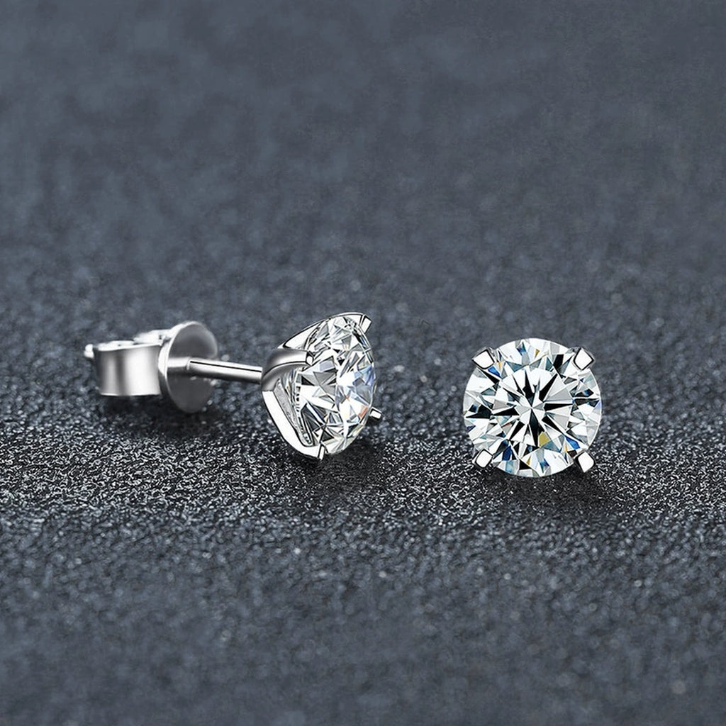 Four-Prong Round Moissanite and Mystic Stone Stud Earrings in S925 sterling silver product scene view showing pair comparison