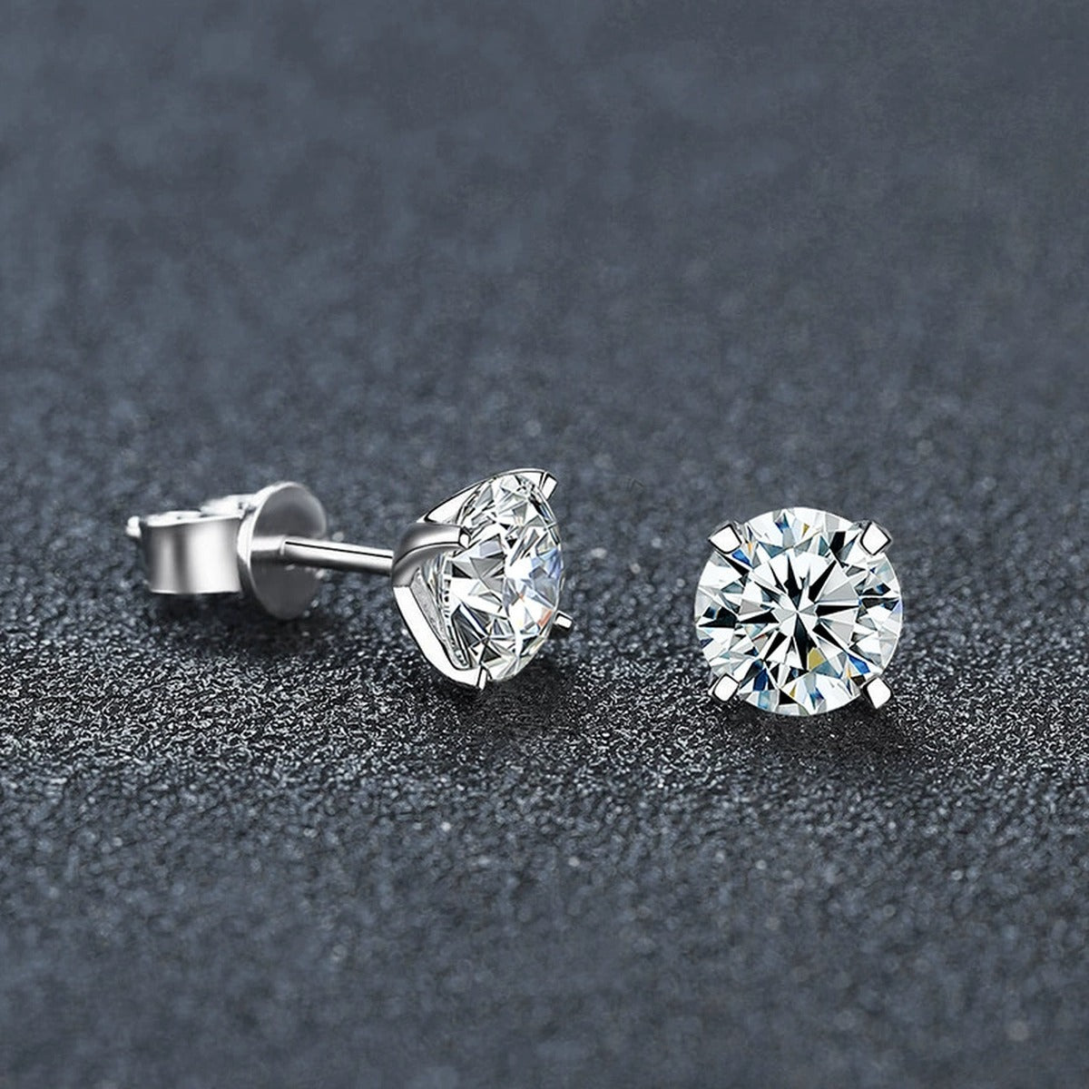 Four-Prong Round Moissanite and Mystic Stone Stud Earrings in S925 sterling silver product scene view showing pair comparison