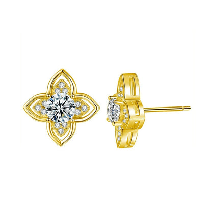 Four-Leaf Clover Round Moissanite Stud Earrings with CZ in Gold-Plated S925 sterling silver white background product photo showing the pair, stone shape, and stud earrings silhouette