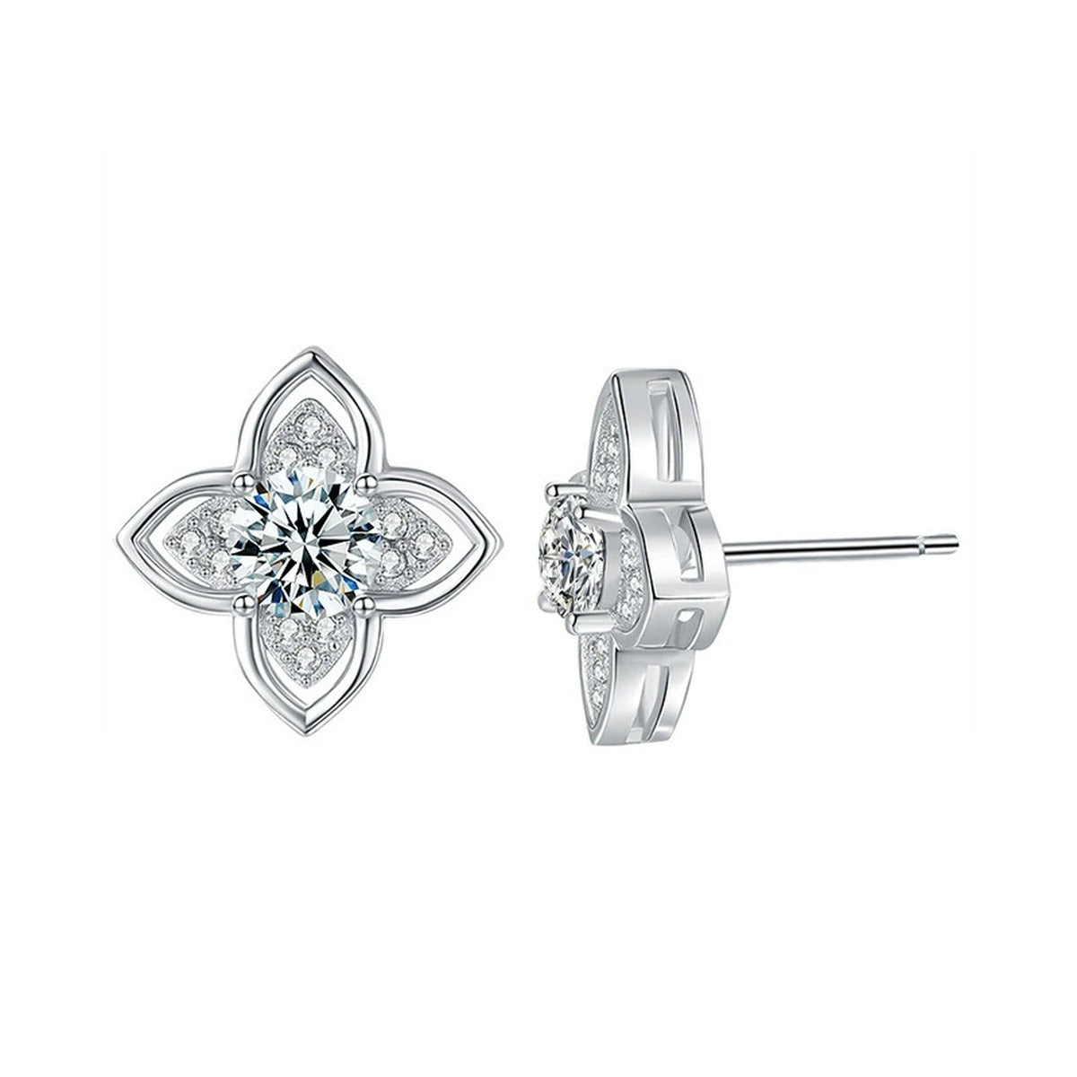 Four-Leaf Clover Round Moissanite Stud Earrings with CZ in Gold-Plated S925 sterling silver product scene view showing front sparkle
