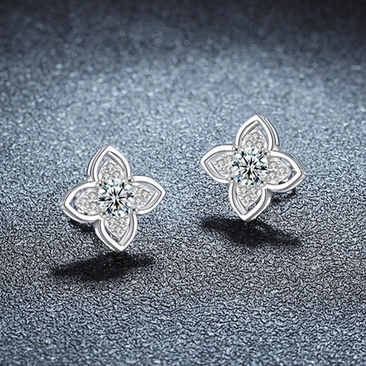Four-Leaf Clover Round Moissanite Stud Earrings with CZ in Gold-Plated S925 sterling silver product scene view showing angled setting detail