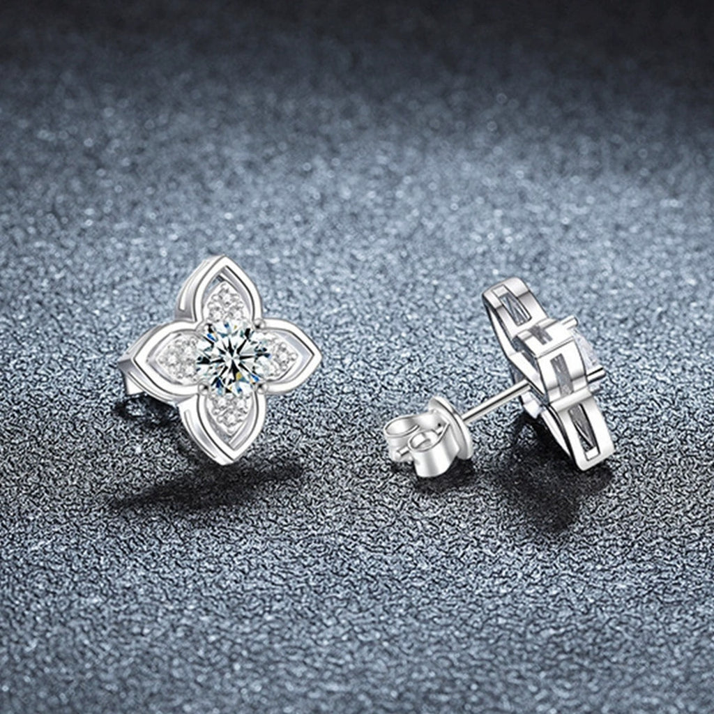 Four-Leaf Clover Round Moissanite Stud Earrings with CZ in Gold-Plated S925 sterling silver product scene view showing side profile