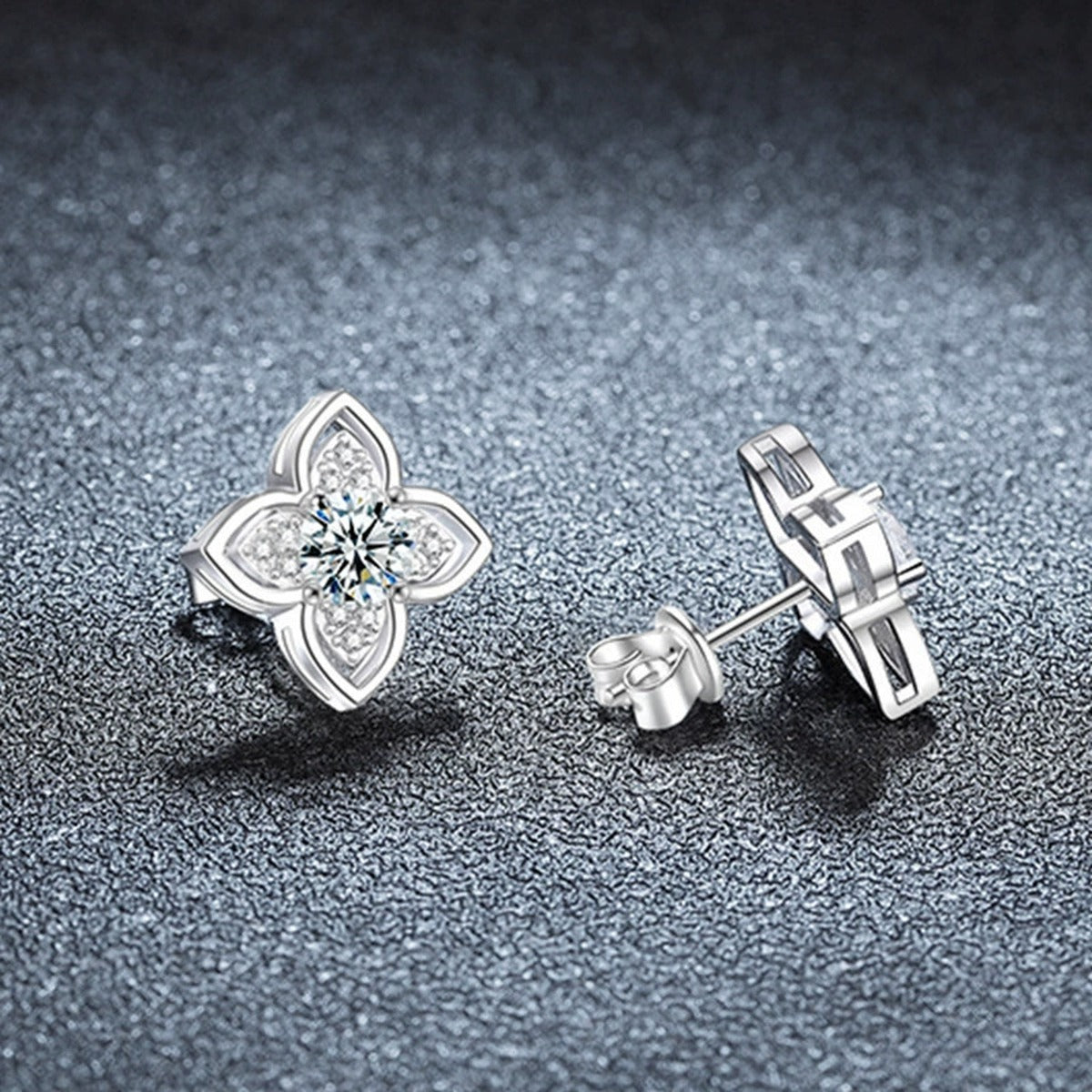 Four-Leaf Clover Round Moissanite Stud Earrings with CZ in Gold-Plated S925 sterling silver product scene view showing side profile