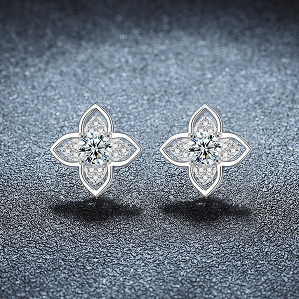 Four-Leaf Clover Round Moissanite Stud Earrings with CZ in Gold-Plated S925 sterling silver product scene view showing pair comparison