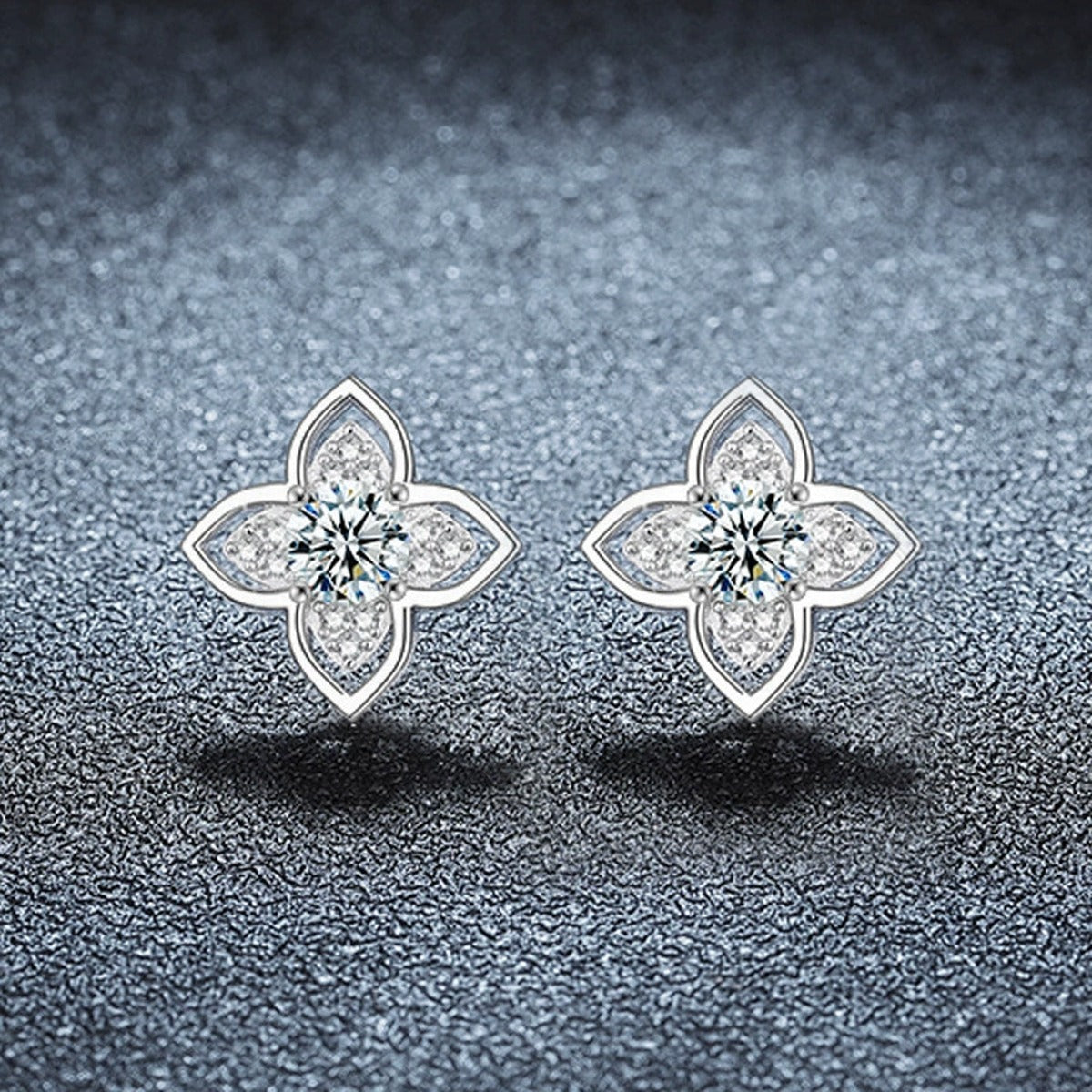 Four-Leaf Clover Round Moissanite Stud Earrings with CZ in Gold-Plated S925 sterling silver product scene view showing pair comparison