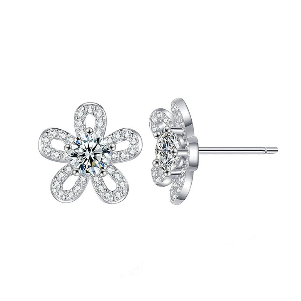 Sunflower Round Moissanite Stud Earrings with CZ in Gold-Plated S925 sterling silver product scene view showing front sparkle