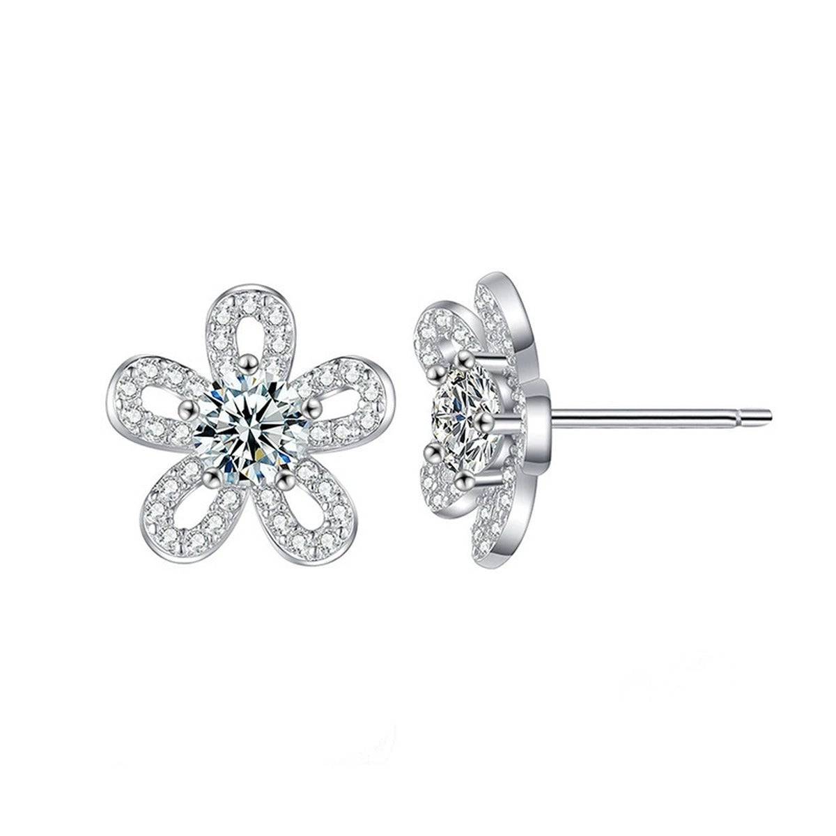 Sunflower Round Moissanite Stud Earrings with CZ in Gold-Plated S925 sterling silver product scene view showing front sparkle
