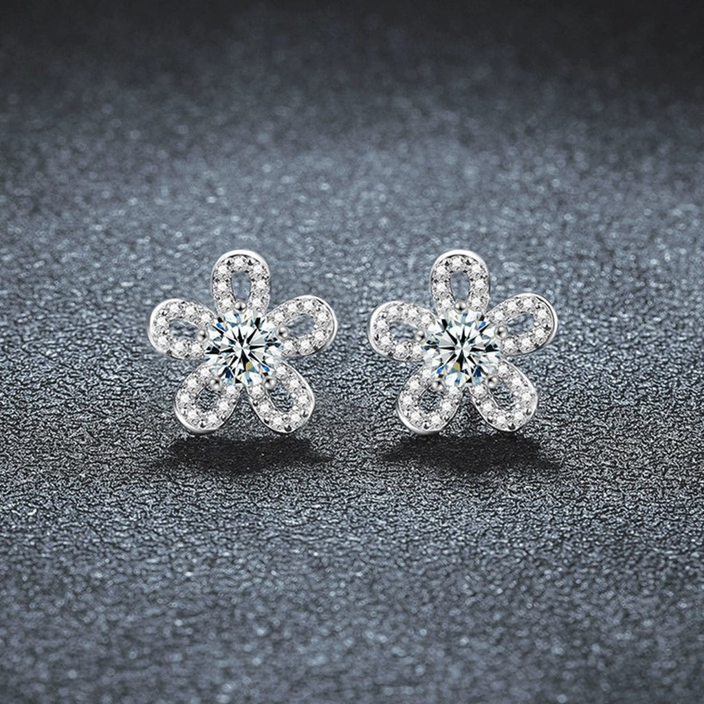 Sunflower Round Moissanite Stud Earrings with CZ in Gold-Plated S925 sterling silver product scene view showing angled setting detail