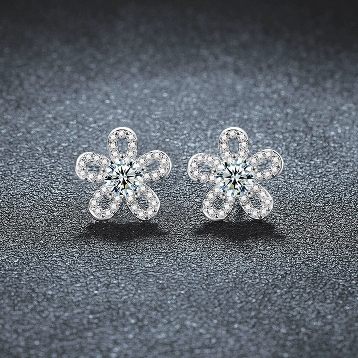 Sunflower Round Moissanite Stud Earrings with CZ in Gold-Plated S925 sterling silver product scene view showing angled setting detail