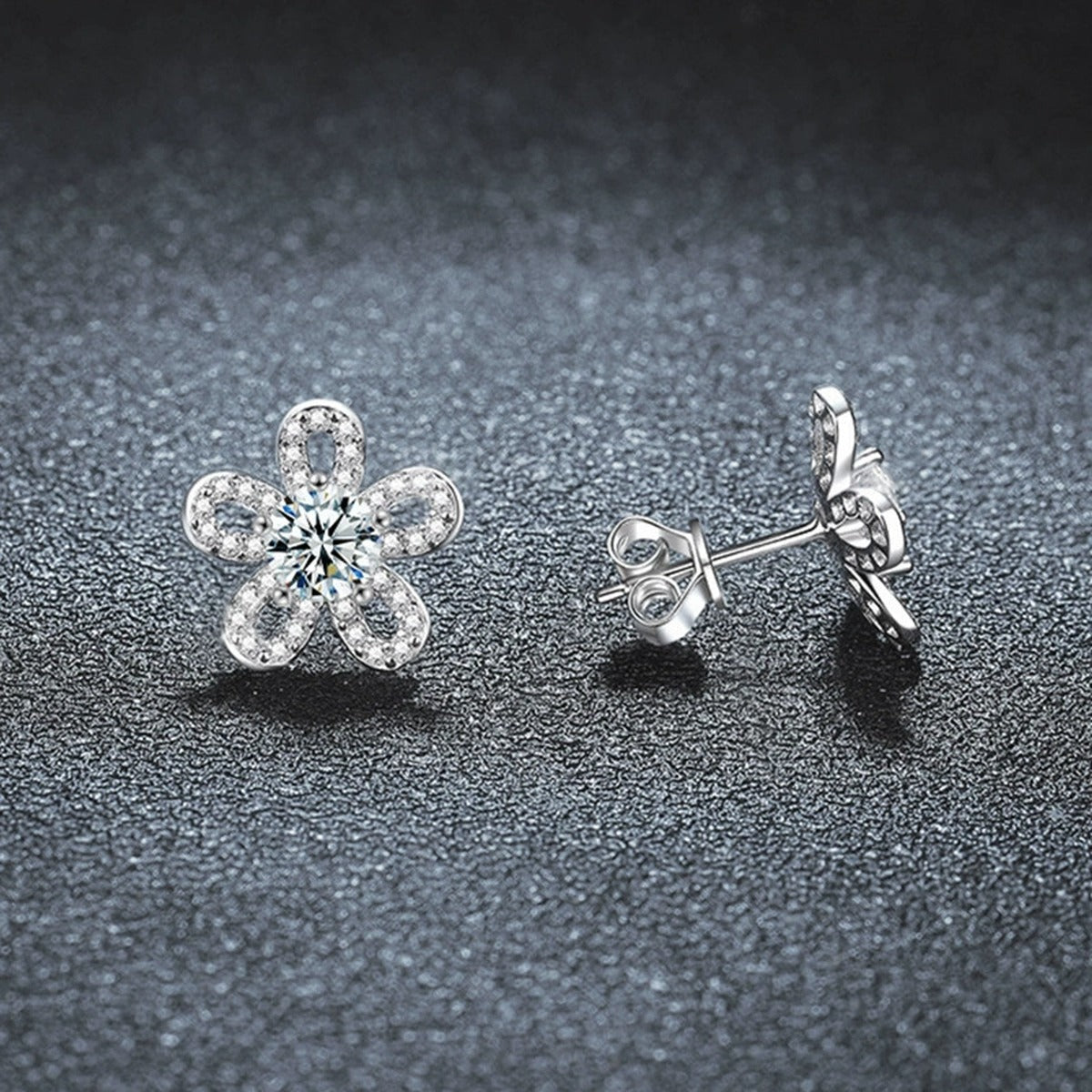Sunflower Round Moissanite Stud Earrings with CZ in Gold-Plated S925 sterling silver product scene view showing side profile