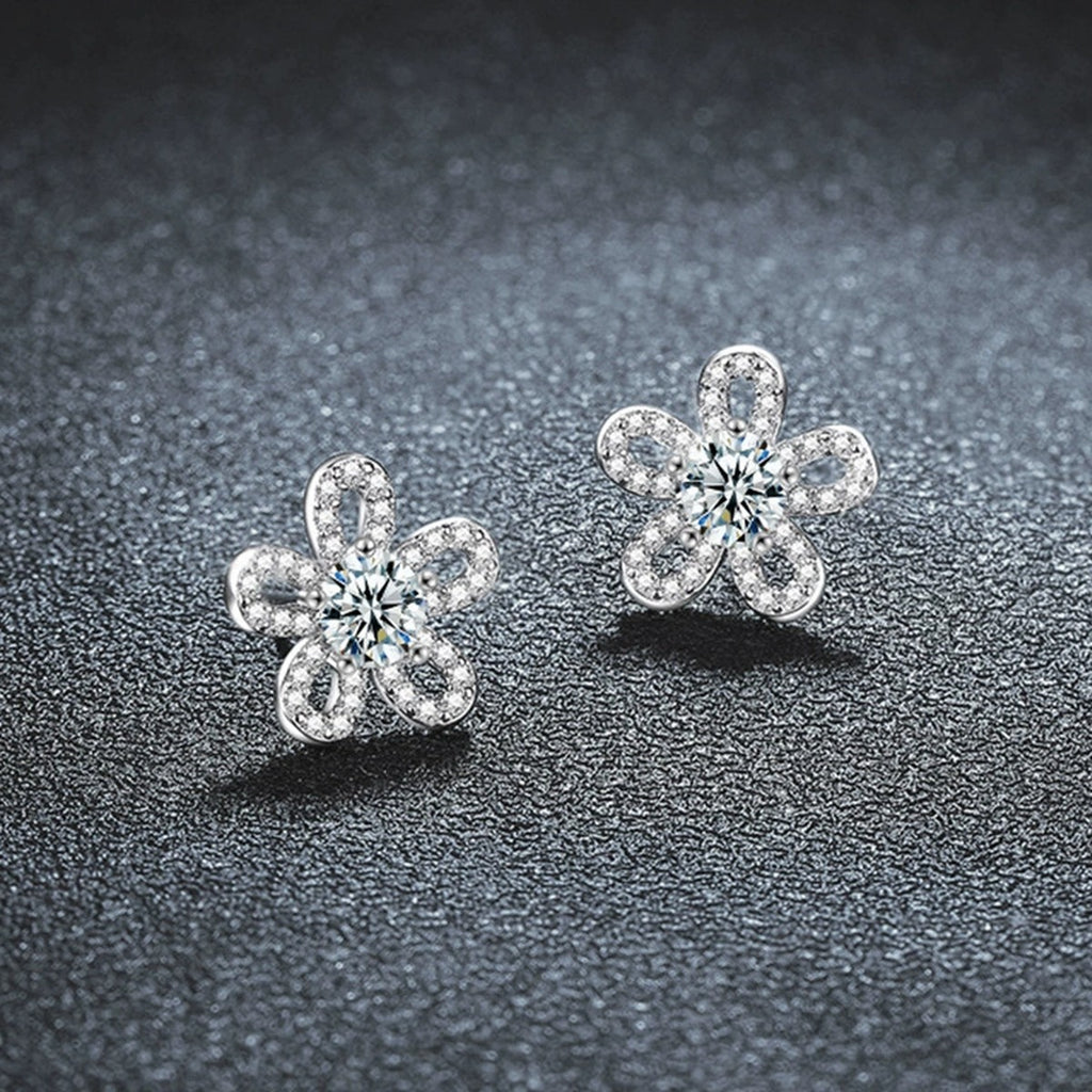 Sunflower Round Moissanite Stud Earrings with CZ in Gold-Plated S925 sterling silver product scene view showing pair comparison