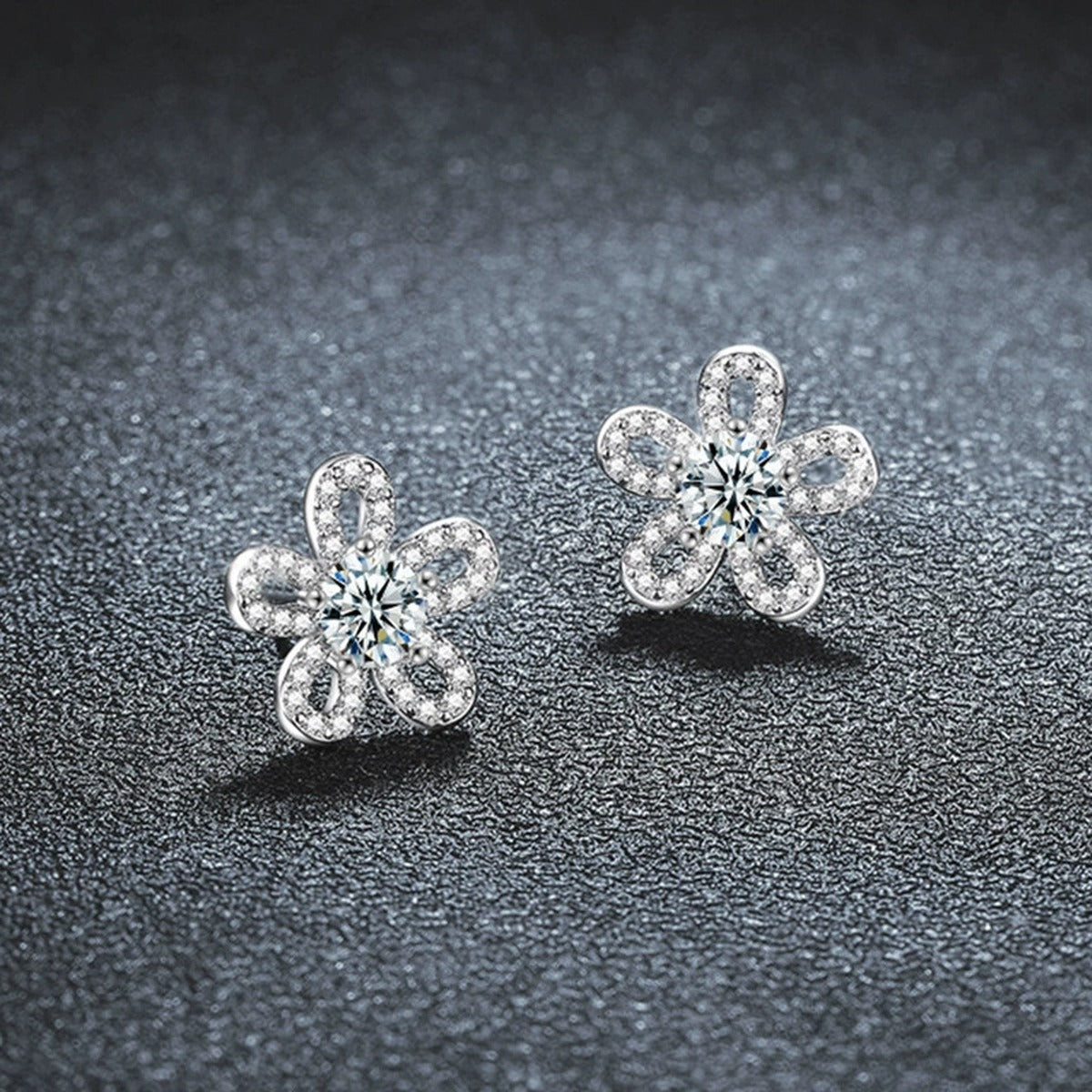 Sunflower Round Moissanite Stud Earrings with CZ in Gold-Plated S925 sterling silver product scene view showing pair comparison
