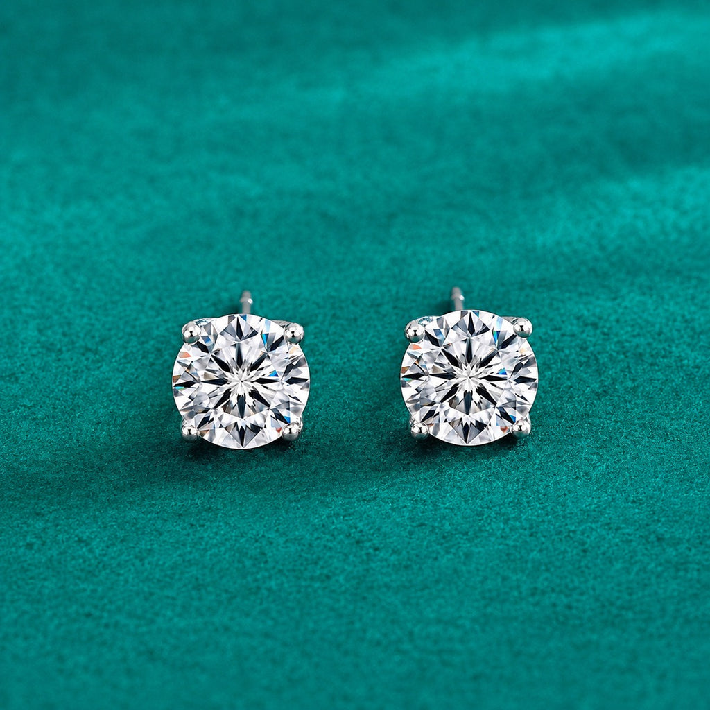 Cushion Round Moissanite Solitaire Stud Earrings in Gold-Plated S925 sterling silver product scene view showing angled setting detail