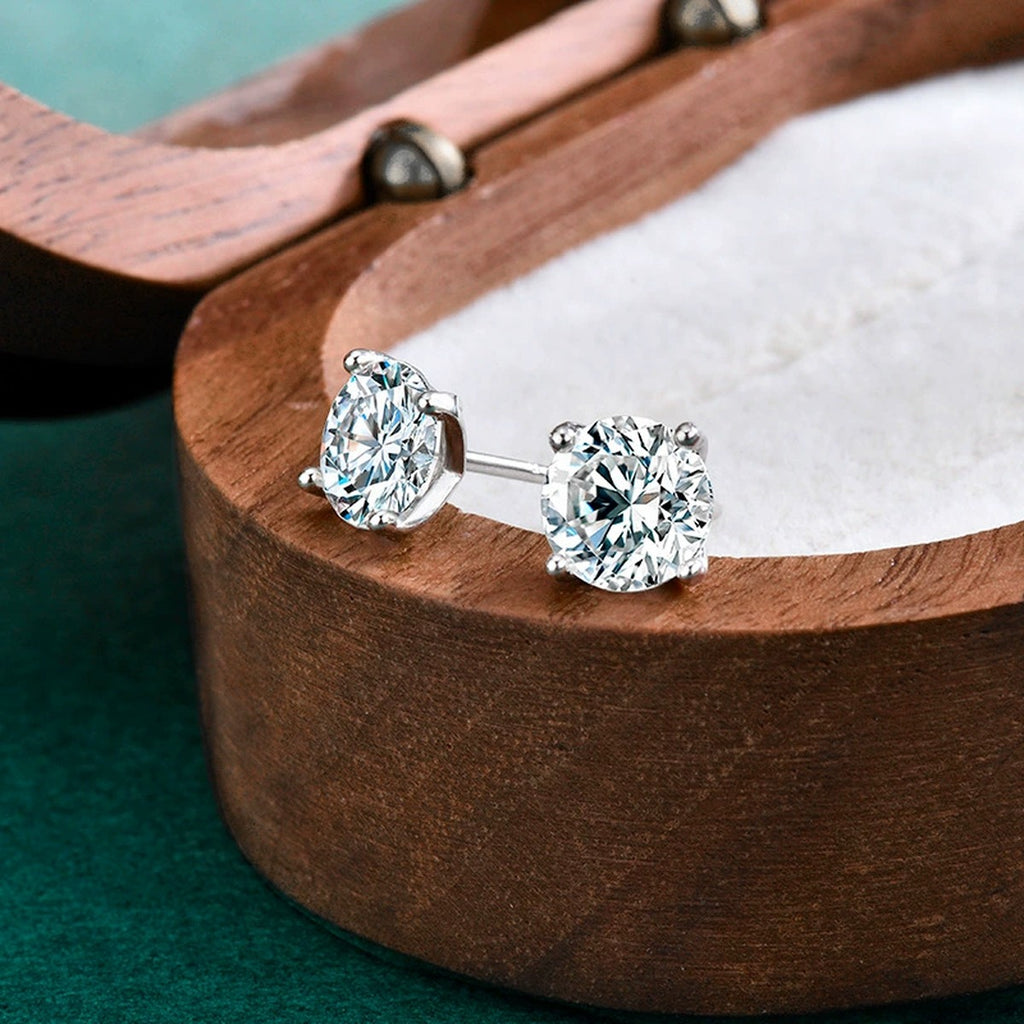 Cushion Round Moissanite Solitaire Stud Earrings in Gold-Plated S925 sterling silver product scene view showing side profile