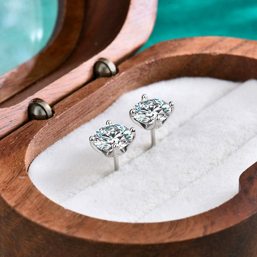 Cushion Round Moissanite Solitaire Stud Earrings in Gold-Plated S925 sterling silver product scene view showing pair comparison