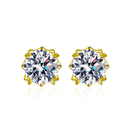 Four-Prong Round Moissanite Solitaire Stud Earrings in Gold-Plated S925 sterling silver white background product photo showing the pair, stone shape, and stud earrings silhouette