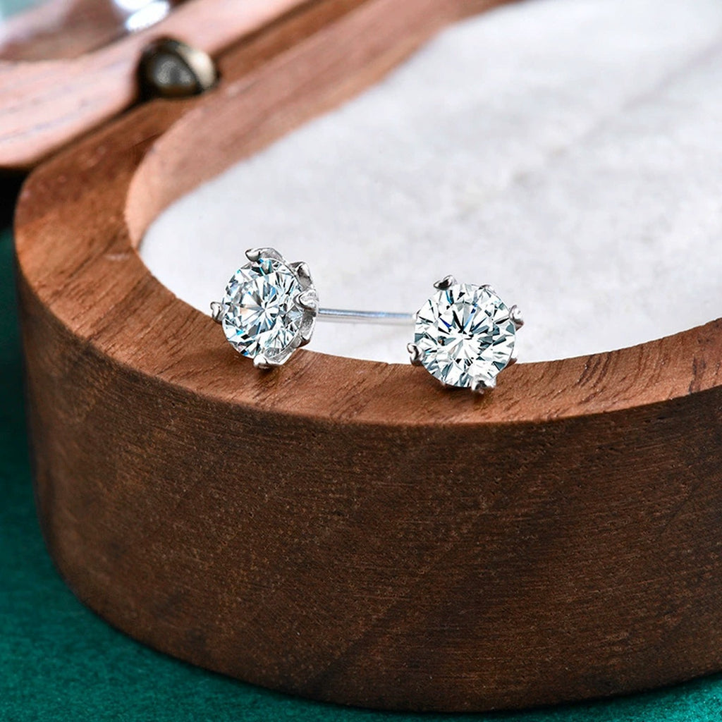 Four-Prong Round Moissanite Solitaire Stud Earrings in Gold-Plated S925 sterling silver product scene view showing pair comparison