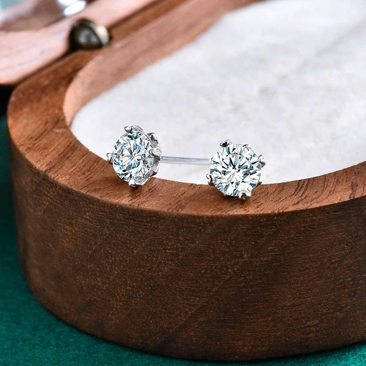 Four-Prong Round Moissanite Solitaire Stud Earrings in Gold-Plated S925 sterling silver product scene view showing pair comparison