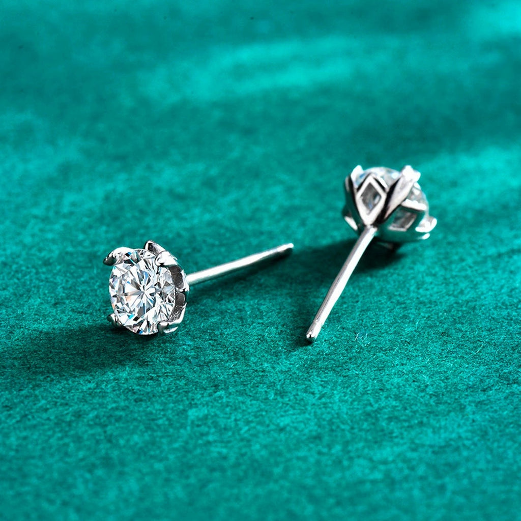 Four-Prong Round Moissanite Solitaire Stud Earrings in Gold-Plated S925 sterling silver product scene view showing pair comparison