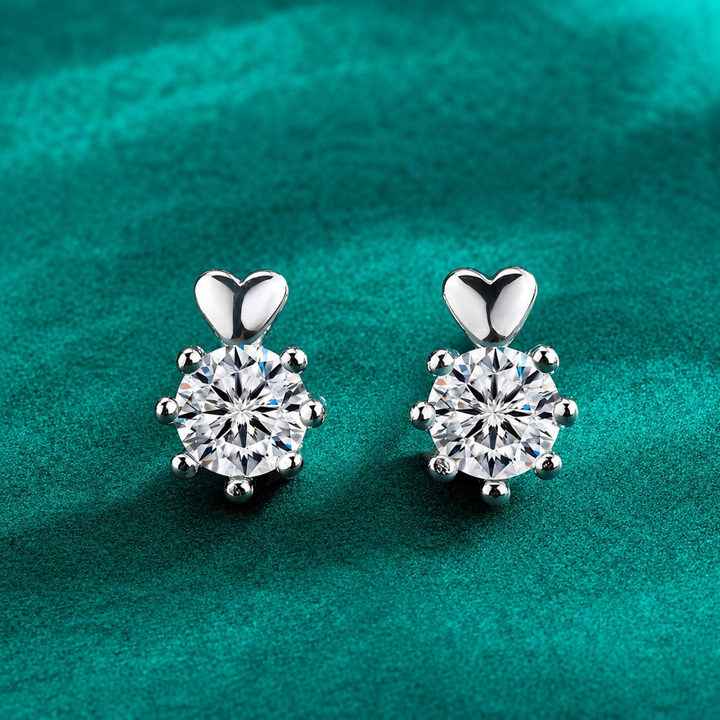 Heart Accent Round Moissanite Stud Earrings in Gold-Plated S925 sterling silver product scene view showing angled setting detail