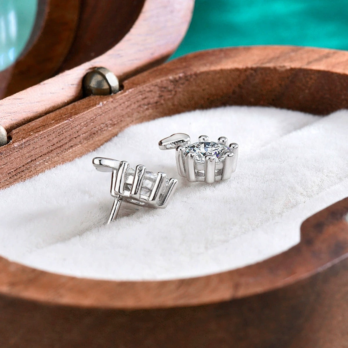 Heart Accent Round Moissanite Stud Earrings in Gold-Plated S925 sterling silver product scene view showing side profile